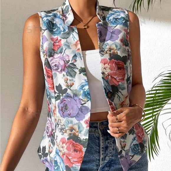 Rebellious Rose Jackets & Blazers - Essnce Women's Summer Floral Print Casual Sleeveless Blazer